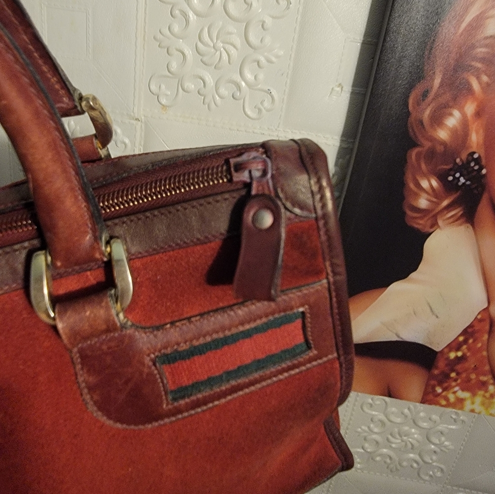 Gucci Burgundy Suede Leather Vintage Sherry Web Satchel Handbag Authentic - Picture 12 of 16